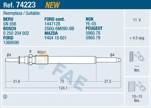 KIZDIRMA BUJİSİ P107-P206-P207-P307-P308-P407-P508-P607-P2008-P3008-P5008-PARTNER-BERLINGO-EXPERT-BIPPER-JUMPY-NEMO-C1-C2-C3-C5-C6-C8-XSARA-C-MAX 03> FOCUS II 04> 1.4-1.6 HDI-TDCI (GEÇMELİ TİP) - FAE - OEM 5960.F9