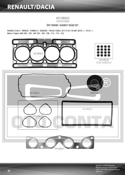 MOTOR UST TAKIM CONTASI TEFLON KECELI SUBAP LASTIKLI RENAULT TWINGO CLIO II KANGOO 1.2 16V D4D 700 720 D4F 702 704 - OTOCONTA - OEM 7701473003