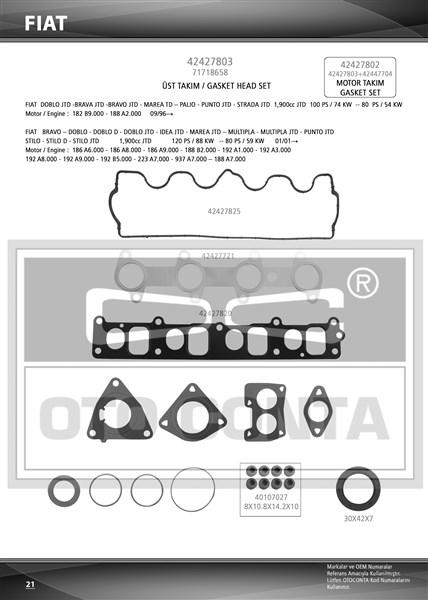 MOTOR TAKIM CONTASI KECELI SUBAP LASTIKLI SILINDIR KAPAK CONTASIZ OPEL ASTRA VECTRA ZAFIRA 1.9 CDTI FIAT DOBLO 1.9 JTD 183 B9.000 186 A6.000 Z19DT Z19DTL - OTOCONTA - OEM 71718658