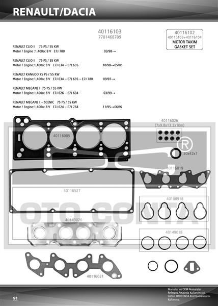 MOTOR UST TAKIM CONTASI KECELI SUBAP LASTIKLI RENAULT CLIO II KANGOO 1.4 E7J 624 626 634 635 780 - OTOCONTA - OEM 7701468709