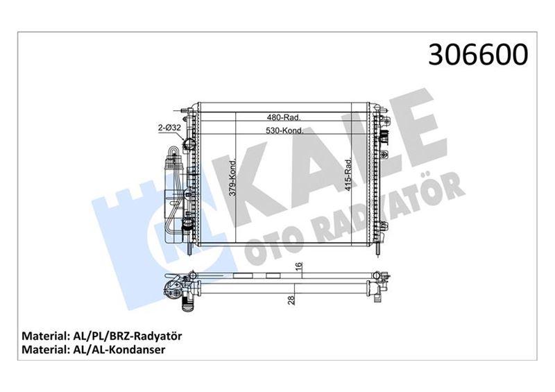 SU RADYATORU MEKANIK KLIMASIZ CLIO SYMBOL II KANGOO 1.9D (480X414.5X28) (2 SIRA AL+PL SISTEM) - KALE RADYATOR - OEM 8200778910