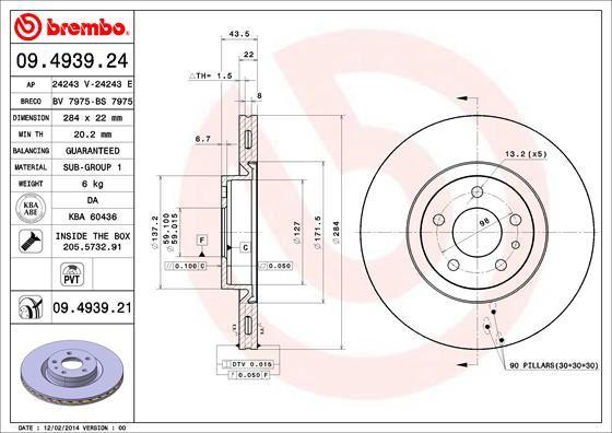 ÖN FREN AYNASI OPEL COMBO D 12> FIAT DOBLO 10> EGEA 16> ALFA ROMEO 147 01> 156 97>05 (284 x 22) 5 DELİK HAVALI - BREMBO - OEM 95515331