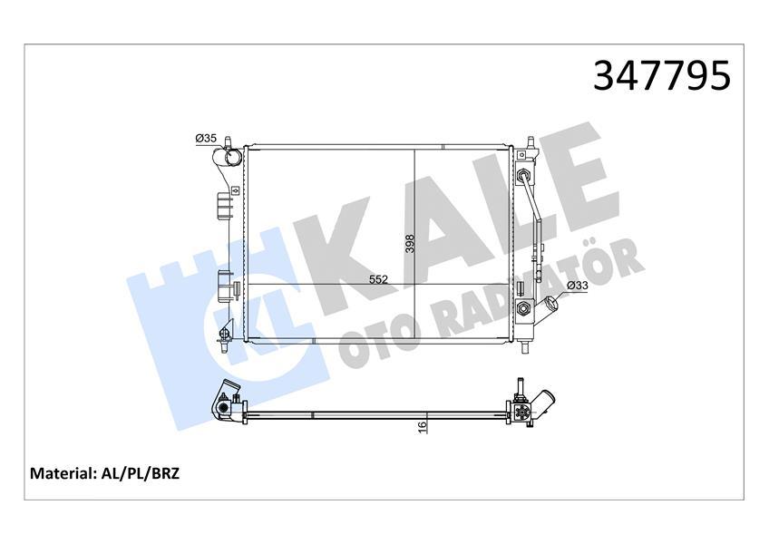 SU RADYATORU HYUNDAI I30 1.6 11=> - KIA CEE`D 1.6GDI 12=> (AT) (BRAZING) (552X398X16) - KALE RADYATOR - OEM 25310A6150