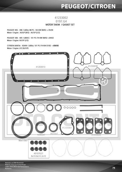 TAM TAKIM CONTA SETI KECELI SUBAP LASTIKLI SILINDIR KAPAK CONTASIZ PEUGEOT P306 P405 BFZ XU5JP LFZ XU7JP - OTOCONTA - OEM 0197.G4
