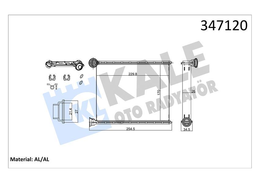 KALORIFER RADYATORU 220×170X22 BRAZING AL/AL PEUGEOT P308 1.4/1.6 16V 1.6/2.0HDI 07- - C3 PICASSO 1.6HDI 09- AC/NAC - KALE - OEM 6448.S4