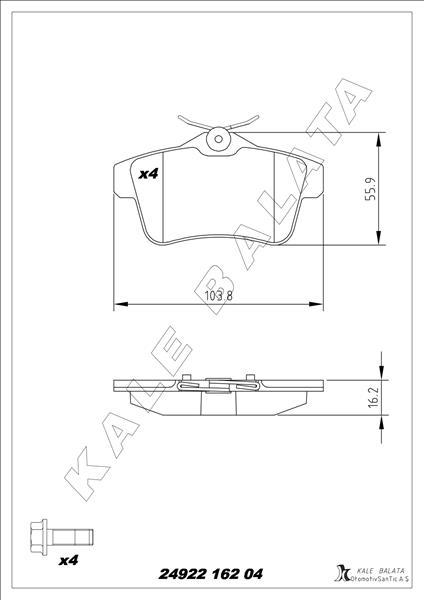 FREN BALATASI ARKA P308 1.6GTI 010=>P3008 1.6VTI-1.6THP-1.6HDI-2.0HDI 09=>P5008 1.6 16V-1.6HDI-2.0HD — KALE BALATA KB-24922 162 04 ANS KD13 - KALE BALATA - OEM 425446