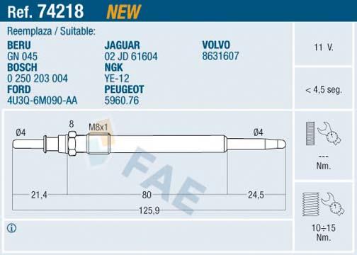 KIZDIRMA BUJISI 11V VOLVO S60 I (384) 2.4 D 01>10 S80 I (184) 2.4 D 01>06 V70 II (285) 2.4 D 01>08 - FAE - OEM 4U3Q6M090AA