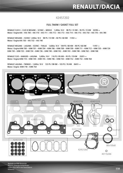 MOTOR TAKIM CONTASI MGN-CLIO-LGN-LOGAN 1.4-1.6 16V (K4J-K4M) (KEÇELİ + SUBAP LASTİKLİ) - OTOCONTA - OEM 7700112739