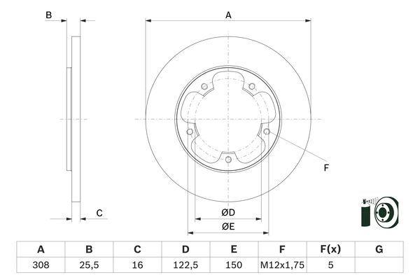 FREN DISKI ARKA DUZ 308mm 5 BIJON TRANSIT V363 2.0TDCI 2.2TDCI 14> TEK TEKER ARKADAN CEKISLI - BOSCH - OEM KK312A315AA