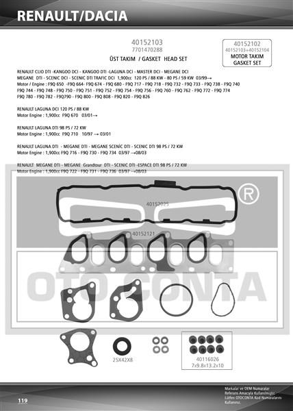 MOTOR UST TAKIM CONTASI KECELI SILINDIR KAPAK CONTASIZ SUBAP LASTIKLI OPEL MOVANO VIVARO RENAULT LAGUNA MEGANE SCENIC KANGOO F9Q 760 762 770 772 774 710 730 734 - OTOCONTA - OEM 7701470288