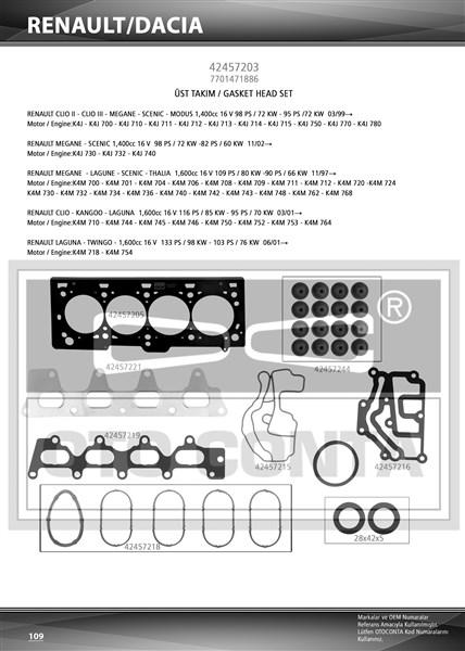 MOTOR UST TAKIM CONTASI KECELI SUBAP LASTIKLI RENAULT MEGANE 1.4 1.6 16V K4J K4M 700 710 712 714 - OTOCONTA - OEM 7701471886
