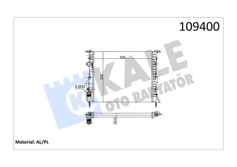 RADYATÖR CLIO II-LOGAN 04>KNG 01>MGN 96>1.4-1.61.5D-1.9 (KLİMASIZ+MEK) (430x377.5x23) (2 SIRA AL+PL) - KALE - OEM 7700838134