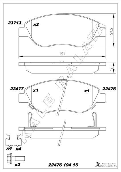 ON BALATA FIAT EGEA 15> 1.4 1.5 T4 HIBRIT 1.6 D K:19 MM G:151.1 MM (BÜYÜK TİP) (8 ADET KLİPS) - KALE - OEM 77367923
