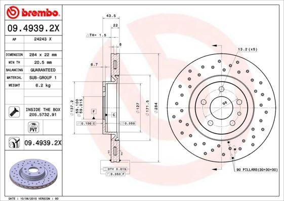 ÖN FREN AYNASI OPEL COMBO D 12> FIAT DOBLO 10> EGEA 16> ALFA ROMEO 147 01> 156 97>05 (284 x 22) 5 DELİK HAVALI - BREMBO - OEM 95515331