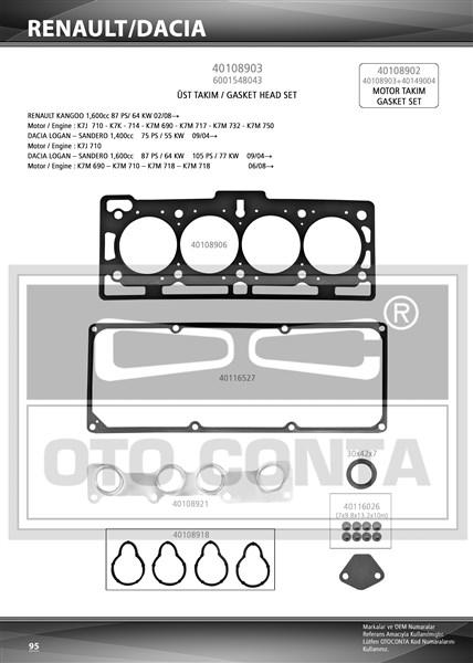 MOTOR UST TAKIM CONTASI KECELI SUBAP LASTIKLI DACIA LOGAN 1.4 1.6 8V K7J 710 K7M 690 - OTOCONTA - OEM 6001548043