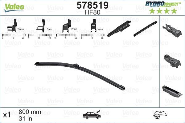 (x) SİLECEK SÜPÜRGESİ ÖN 80cm (X1) MUZ TİPİ (HydroConnect) (ÇOKLU BAĞLANTILI) (ÜNİVERSAL) (HF80) - VALEO - OEM 6426.PC