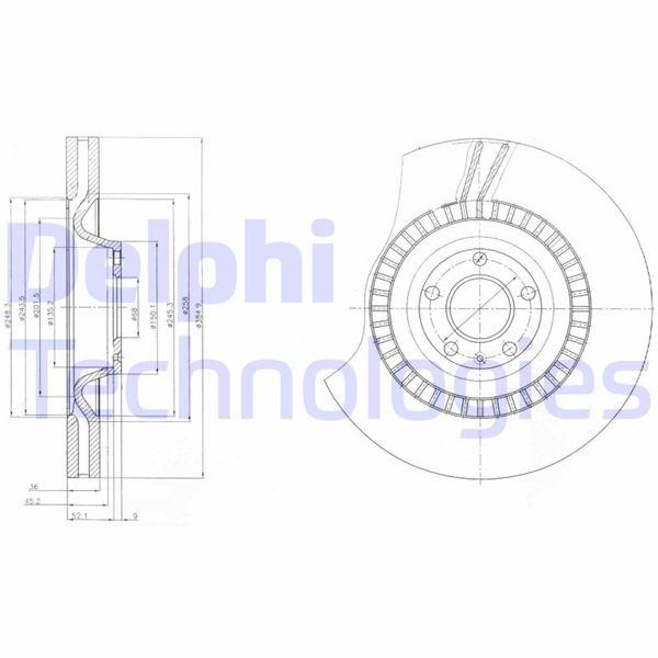 FREN DİSKİ (TEKLİ PAKET) - BOYALI. DELİKLİ ÖN AUDI S6 07/2006 > - DELPHI - OEM 4F0615301J