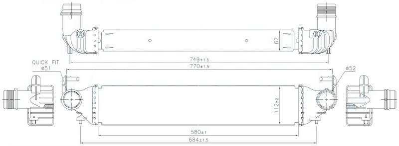 TURBO RADYATORU (INTERCOOLER) 500X 1.4 1.6 MJTD 2014> RENEGADE 2014> 96166 A M (580X112X62) - ORIS - OEM 51965901