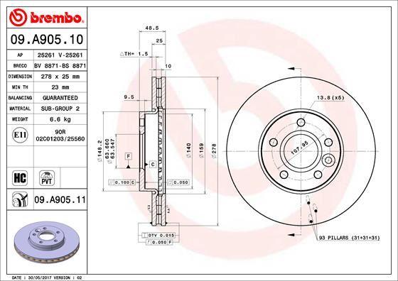 ON FREN AYNASI DISK FOCUS III 11 FOCUS II 04>11 C MAX 03>07 VOLVO C30 06>12 C70 06>13 S40 II 04>12 V50 05>12 (278x25x5DLxHVLI) - BREMBO - OEM AV611125DB