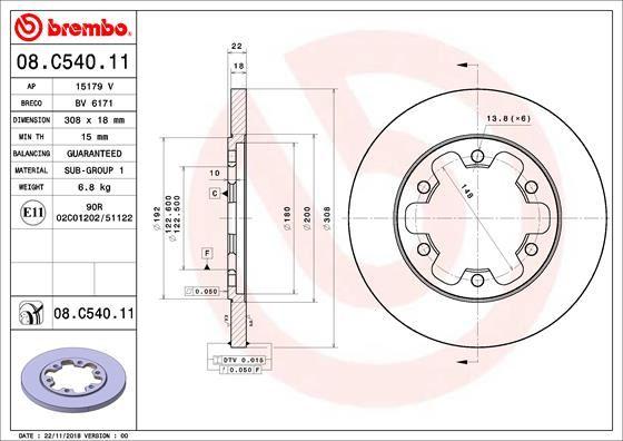 ARKA FREN AYNASI TRANSİT V363 14=> (ÇİFT TEKER) (308x18x122.5x22x6DL) - BREMBO - OEM KK312A315BB