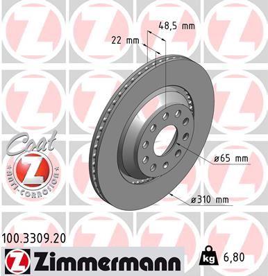 ARKA FREN AYNASI GOLF V-VI-PASSAT 07/05>VARIANT 05>EOS 06>A3 03>SCIROCCO 08>(310x22x9DLxHAVALI) 986479303-DF4754 - ZIMMERMANN - OEM 1K0615601N