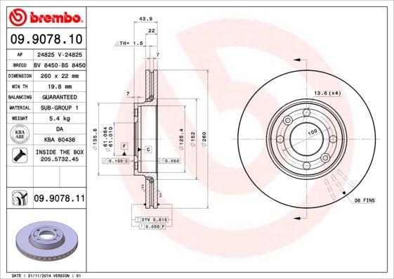 ÖN FREN AYNASI RENAULT MEGANE II 02> CLIO III 05>MODUS 04>MICRA 03>LOGAN 04>NOTE 06> (260x22x4DLxHAVALI) - BREMBO - OEM 7701207795