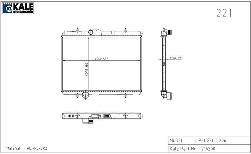 RADYATÖR 206 00> 2.0 16V (AC+KLİMASIZ+MEK) (562.5x378.6x27) - KALE - OEM 1330.B2